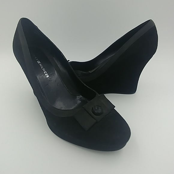 Tommy Hilfiger Black Suede Wedge Heels Size 7 - Picture 1 of 4
